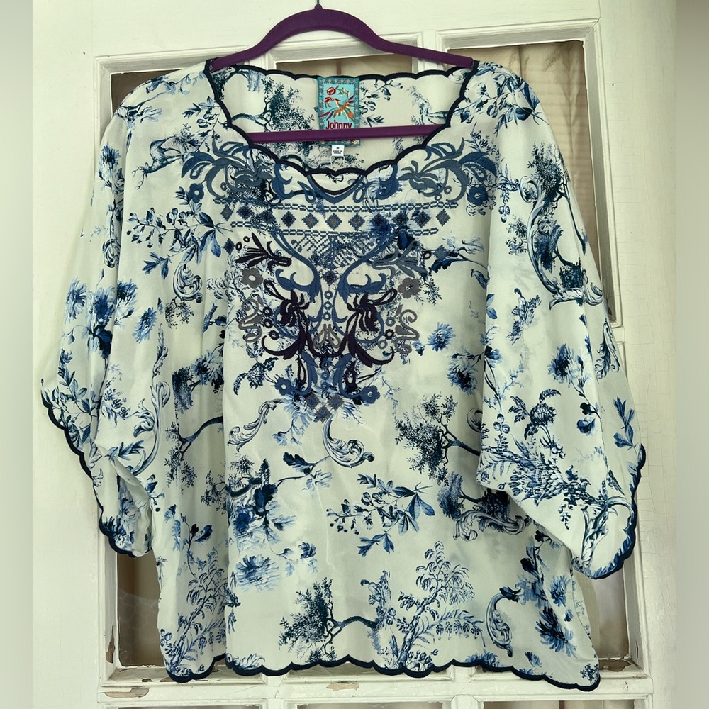 Johnny Was Boho Embroidered “Addy” Top Blue White Medium NWT